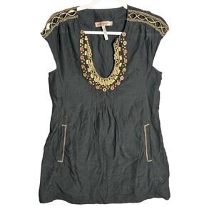 Nanette Lepore XS Silk Blend Wooden Beaded Black Swim Cover-up‎ Embroidered boho